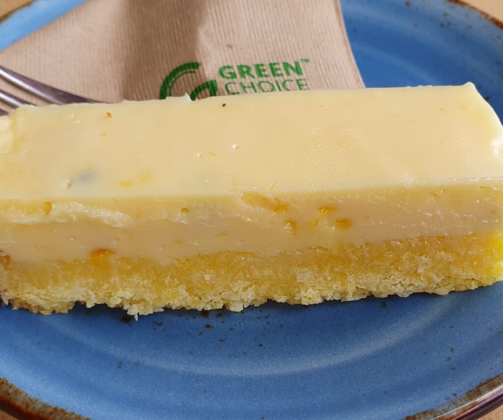 Biscuit base, and a thick sweetend-condensed milk and passionfruit topping.