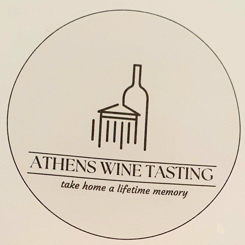 Athens Wine Tasting, my thoughts and writing on an heady experience in the heart of Athens at the end of a long summer. The image depicts a bottle of wine encircled by a thin line ring and a lineart drawing of the Acropolis.
