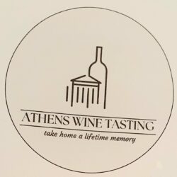 Athens Wine Tasting, my thoughts and writing on an heady experience in the heart of Athens at the end of a long summer. The image depicts a bottle of wine encircled by a thin line ring and a lineart drawing of the Acropolis.
