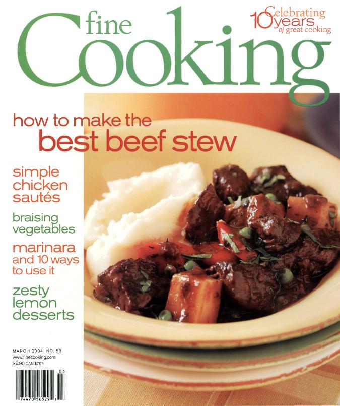 Front cover of Fine Cooking issue #63 discussing how to make the best beef stew with a picture of succulent osso bucco in a thick and rich gravy with a pile of steaming mashed potatoes.