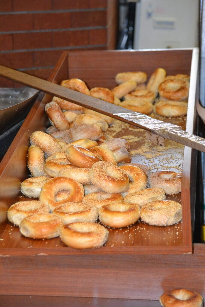Dozens of freshly baked golden bagels, pulled from the Terra Breads oven only feet away on a worn wooden peel. These bagels were divine and well worth tasting while visiting Granville Island in Vancouver, Canada.